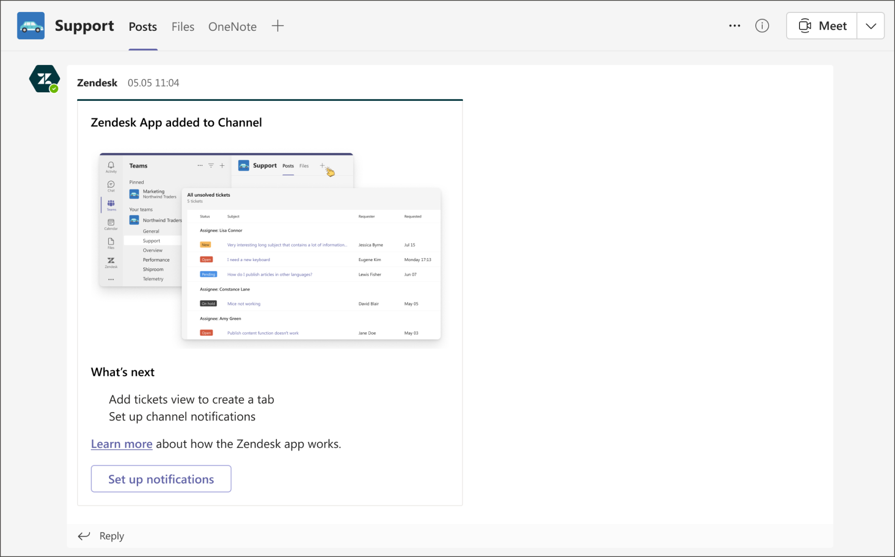 Welcome card sent in a channel.