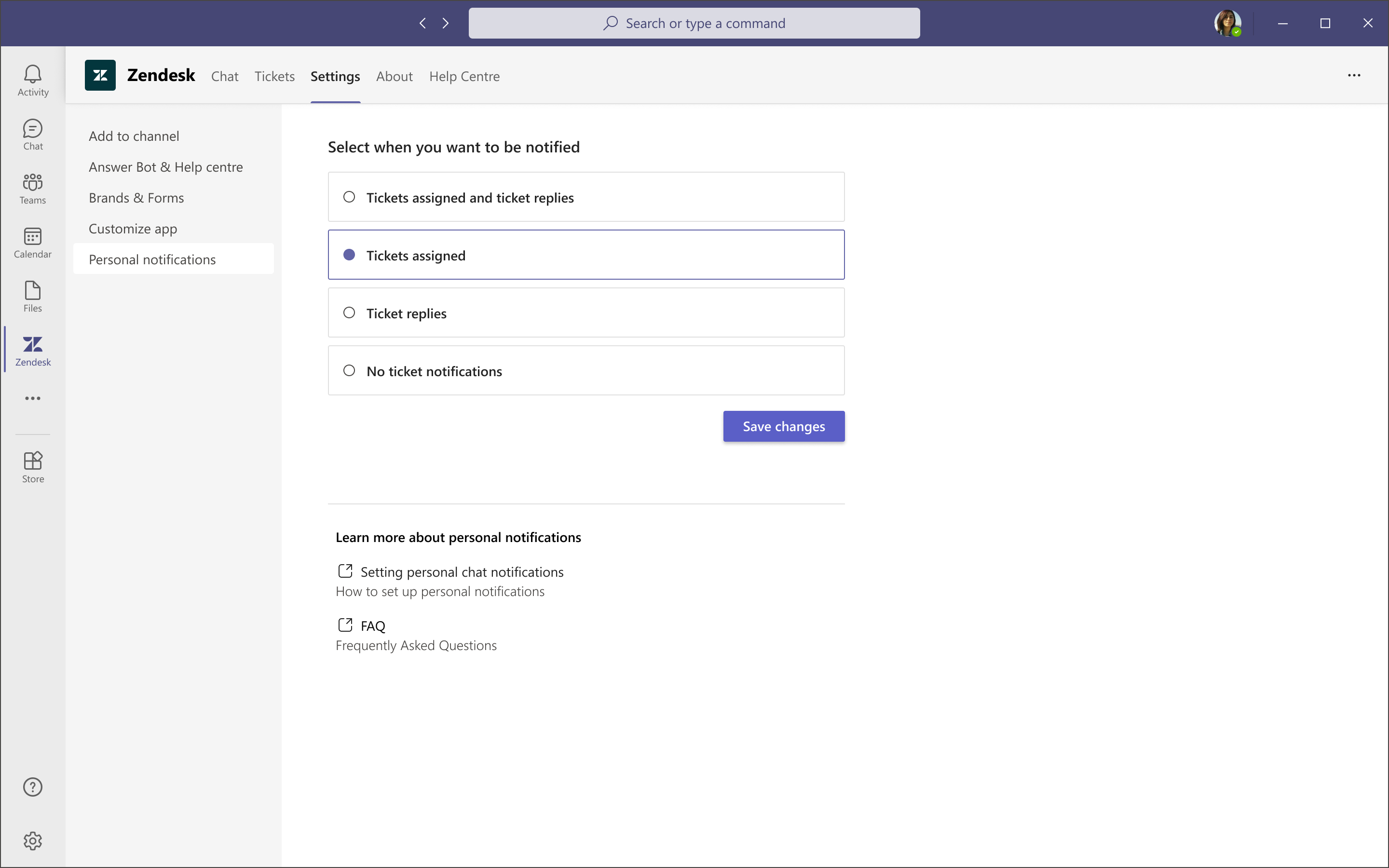 Personal notifications settings page.