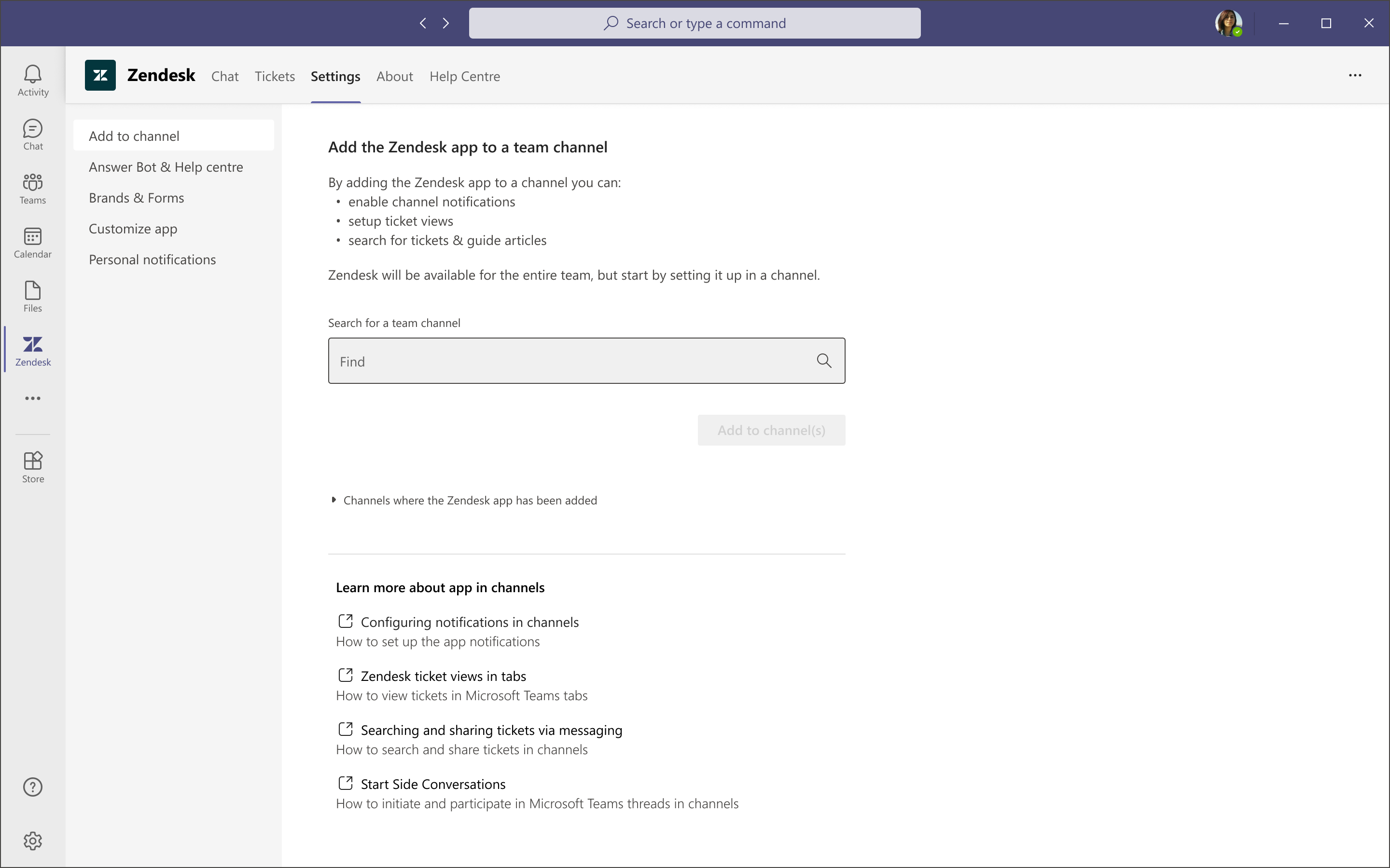 The Settings tab for Zendesk admins.